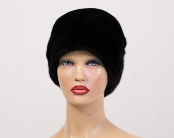 Woman Fur Mink Hat "Kubanka" 100% Real Luxury Fur Mink Winter Hat Black And Brown Color