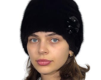 Vintage Black Mink Fur Hat, Elegant Winter Cap (22.5 Inches  display picture 3
