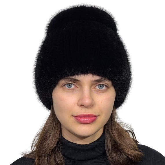 Luxurious Real Mink Fur Beanie Two Tone Mink Fur Beanie with Fox Pom Pom | FurbySD main image 4