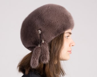 Woman Mink Fur Beret Hat Winter Warm Fashion Luxury Fur Hat