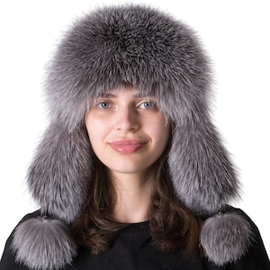 Chapeau en fourrure pour femme - Ushanka en fourrure de renard bleu véritable