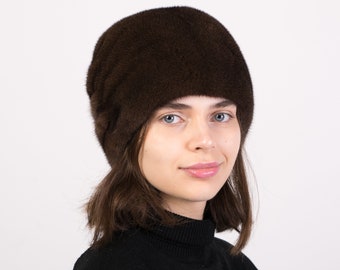 Mink Fur Woman Hat From 100% Real Mink Brown Fur