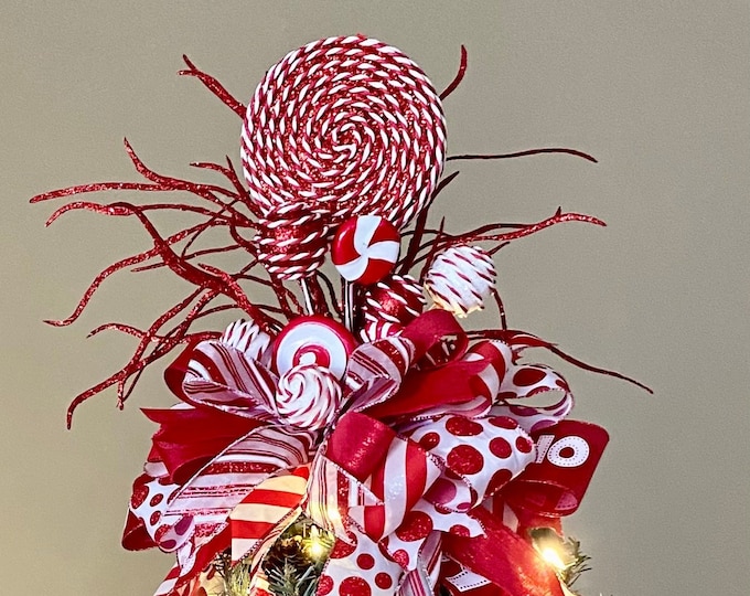 Candy Cane Tree Topper, Red, White, Stripes, Candies, Polka Dots