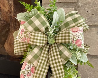 Springtime bow, soft greenery, pinks, olive, gingham, Buffalo check, floral print, lantern decoration, wreath attachment, home decor