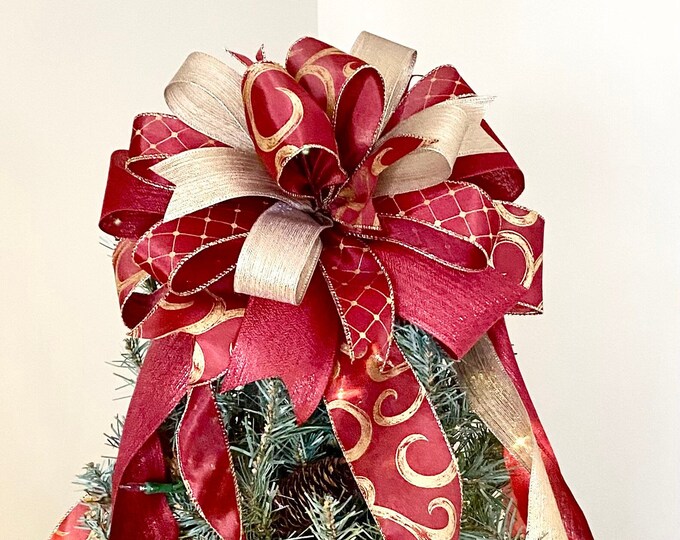 Christmas Tree Topper Bow, Dark Red, Gold, Swirls, Diamond Pattern