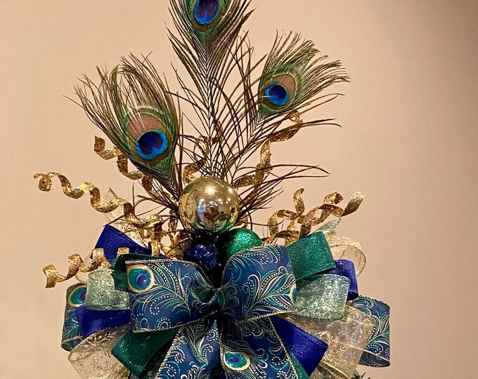 Peacock Tree Topper, Peacock Feathers, Peacock Print Ribbons, Gold