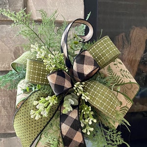 Lazo estilo granja, follaje de calidad, lazo hecho a mano, lino, oliva, lunares, cuadros búfalo, lazo de farol, adorno para corona, decoración del hogar