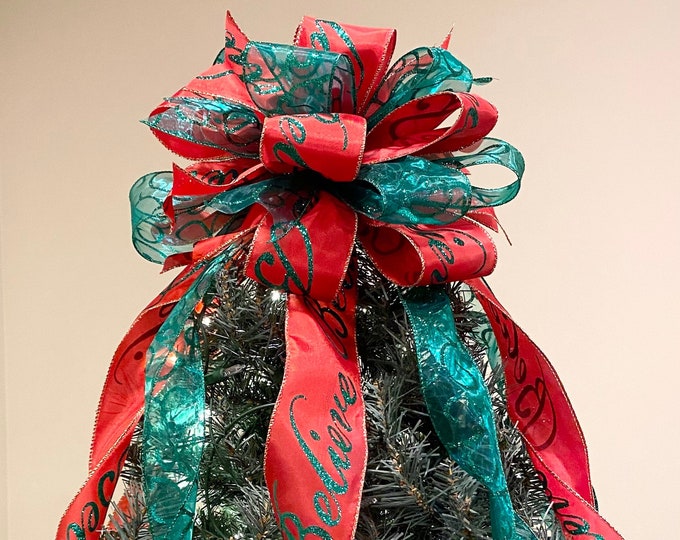 Christmas Tree Topper, Red , Green, Glitter Green Print believe on Red Ribbons, Sheer Green