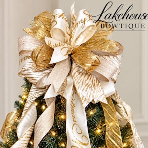 Christmas tree topper bow, Gold, cream, zebra pattern, Merry Christmas script in glitter gold on cream, Handmade holiday bow, Christmas