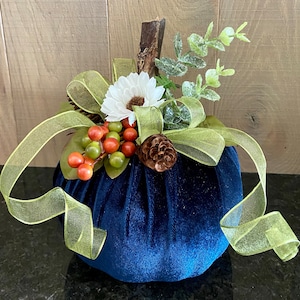 Velvet pumpkin, navy blue, berries, pinecones, sugared eucalyptus, handmade sheer bow, fall decorations, Hostess gift
