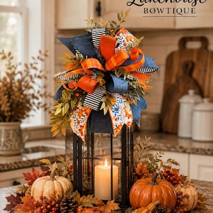 Fall bow, Navy blue, orange, white, autumn leaves, stripes, plaid, eucalyptus, lantern bow, wreath attachment, Ready to ship