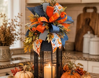 Fall bow, Navy blue, orange, white, autumn leaves, stripes, plaid, eucalyptus, lantern bow, wreath attachment, Ready to ship