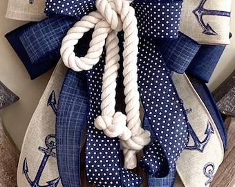 Nautical bow, navy blue, linen, anchor print, handmade bow, cotton rope center, nautical decor, coastal home, lake house bow,  BOW ONLY