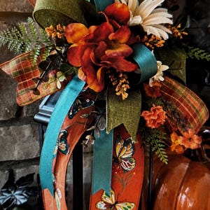 Fall bow, butterflies on linen, autumn flowers, leaves, rust, olive, teal satin, plaid, eucalyptus, lantern bow, wreath attach, Fall decor