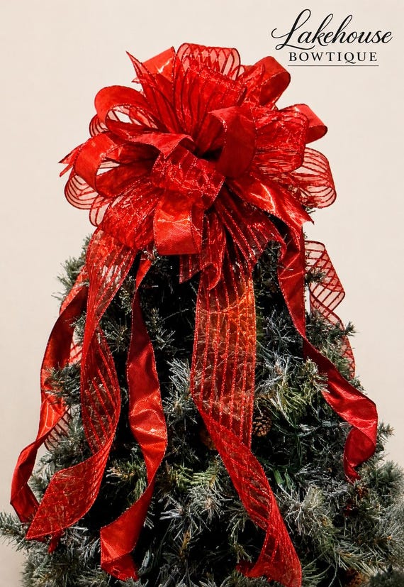 Christmas tree topper bow, Red, glitter stripes, red shimmer, traditional red Christmas, handmade bow, Christmas tree decorations