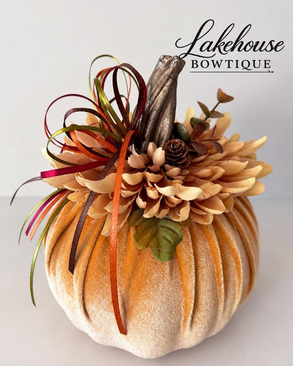 Velvet pumpkin, golden spice color, handmade ribbon bow, pinecones, leaves, flower top, shabby chic, Fall decorations, hostess gift
