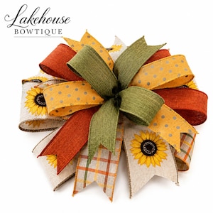 Fall bow, sunflowers, orange, olive linen, embroidered box stitch, lantern bow, pumpkin topper, autumn home decorations