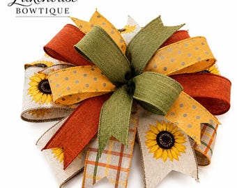 Fall bow, sunflowers, orange, olive linen, embroidered box stitch, lantern bow, pumpkin topper, autumn home decorations