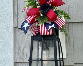 Patriotic bow, Glitter Stars, Stripes, red linen, greenery, flowers, lantern bow, wreath attachment, Memorial Day, July 4th, home decor