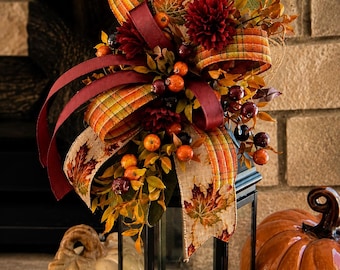 Fall bow, flowers, berries, eucalyptus, maple leaves, olive linen,metallic plaid, cranberry satin, lantern bow, wreath attach, Fall decor