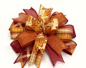 Fall bow, glitter outline leaves, rust, berry linen, diagonal plaid, pumpkin topper bow, lantern decor, handmade fall decorations