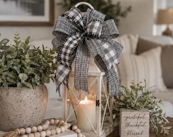 Everyday Farmhouse bow, Gray, white, plaid, striped edge, lantern bow, wreath bow, handmade home decorations