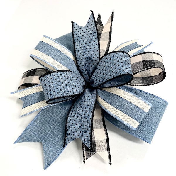 Farmhouse Denim everyday bow, Buffalo check, stripes, denim, cream, polka dots, lantern bow, wreath bow, door hanger bow