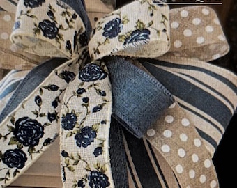 Everyday Farmhouse bow, Creme, denim, linen, white polka dots, stripes, floral print, Spring lantern topper, gift basket bow, home decor