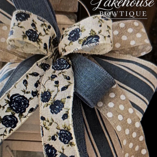 Everyday Farmhouse bow, Creme, denim, linen, white polka dots, stripes, floral print, Spring lantern topper, gift basket bow, home decor