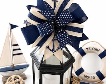 Nautical bow, anchors, navy denim, linen, stripe, navy blue polka dots, handmade bow, lantern bow, door hanger bow, home decorations