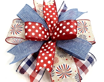 Patriotic bow, Fireworks, linen, denim, Red, White, Blue bow, Memorial Day bow, 4th of July bow, lantern bow, Independence Day decorations