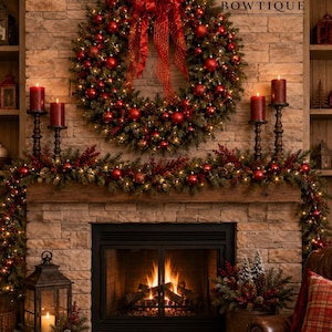 May include: A Christmas wreath with red ornaments and a large red bow hangs above a fireplace mantel decorated with a matching garland, red candles in dark metal holders, and a lantern, with the text Lakehouse BOWTIQUE visible in the corner.
