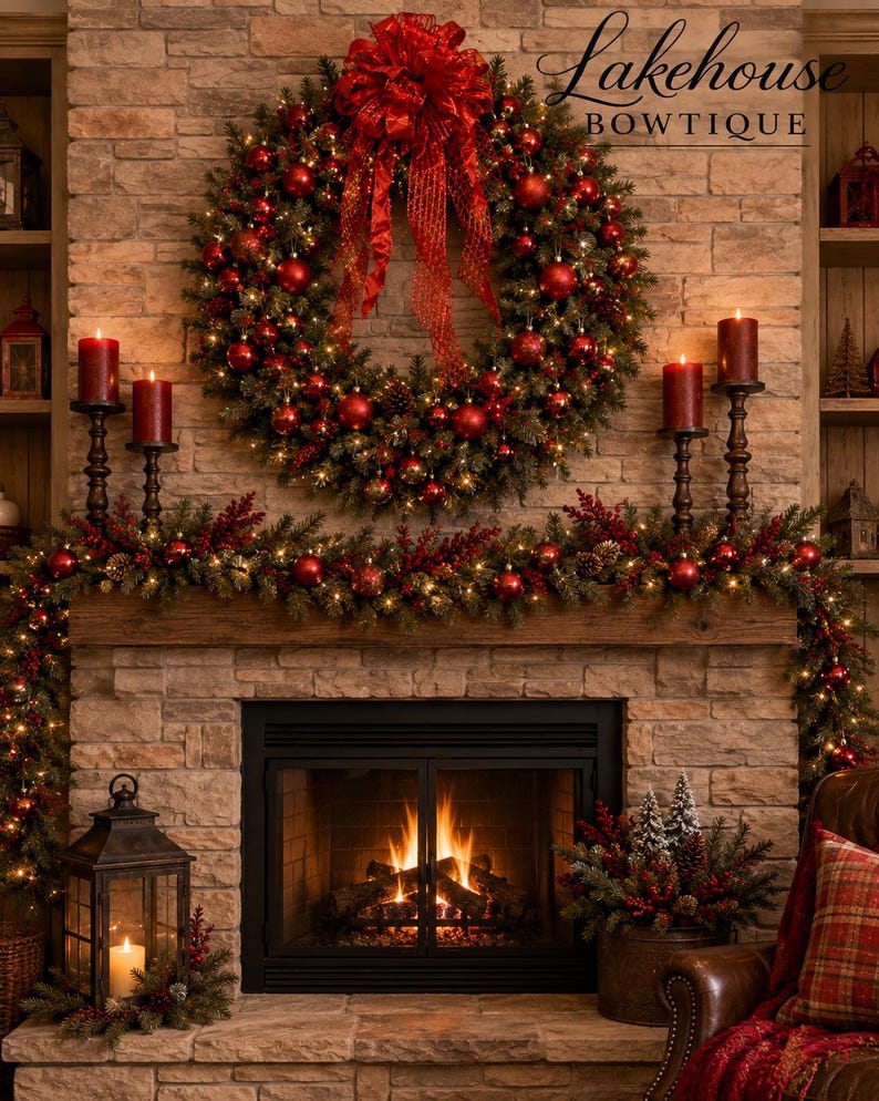 May include: A Christmas wreath with red ornaments and a large red bow hangs above a fireplace mantel decorated with a matching garland, red candles in dark metal holders, and a lantern, with the text Lakehouse BOWTIQUE visible in the corner.