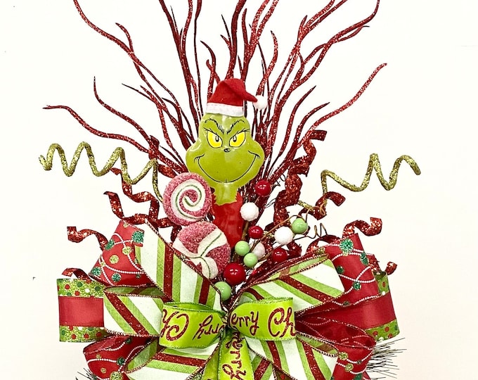 Mean One Tree Topper, Grinch, Santa Hat, Glitter Twigs, Coils, Sugar