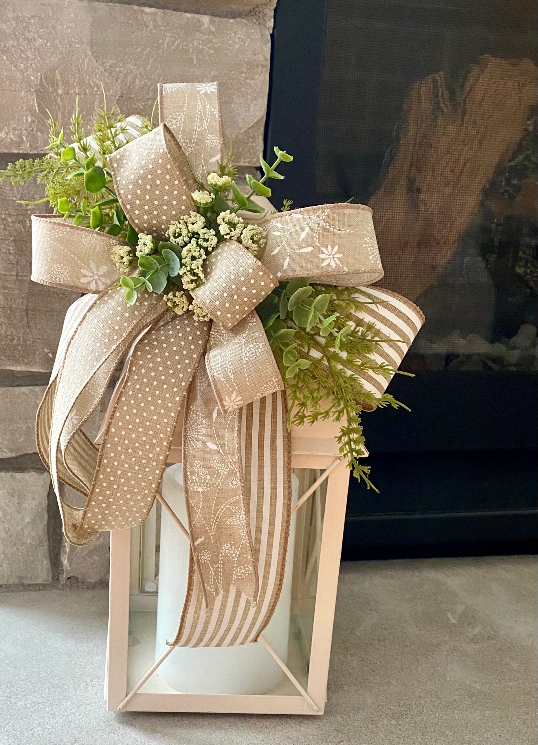 Everyday lantern bow, stripes, natural linen, Swiss dots, lady lace flowers, eucalyptus, greens, wreath attachment, lantern decoration