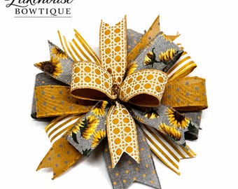 Fall lantern bow, sunflowers, stripes, polka dots, grey, white, golden yellow, lantern decor, doorhanger bow, gift basket bow, Autumn decor
