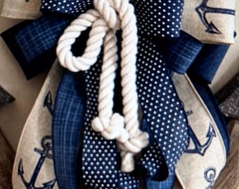 Nautical bow, navy blue, linen, anchor print, handmade bow, cotton rope center, nautical decor, coastal home, lake house bow,  BOW ONLY