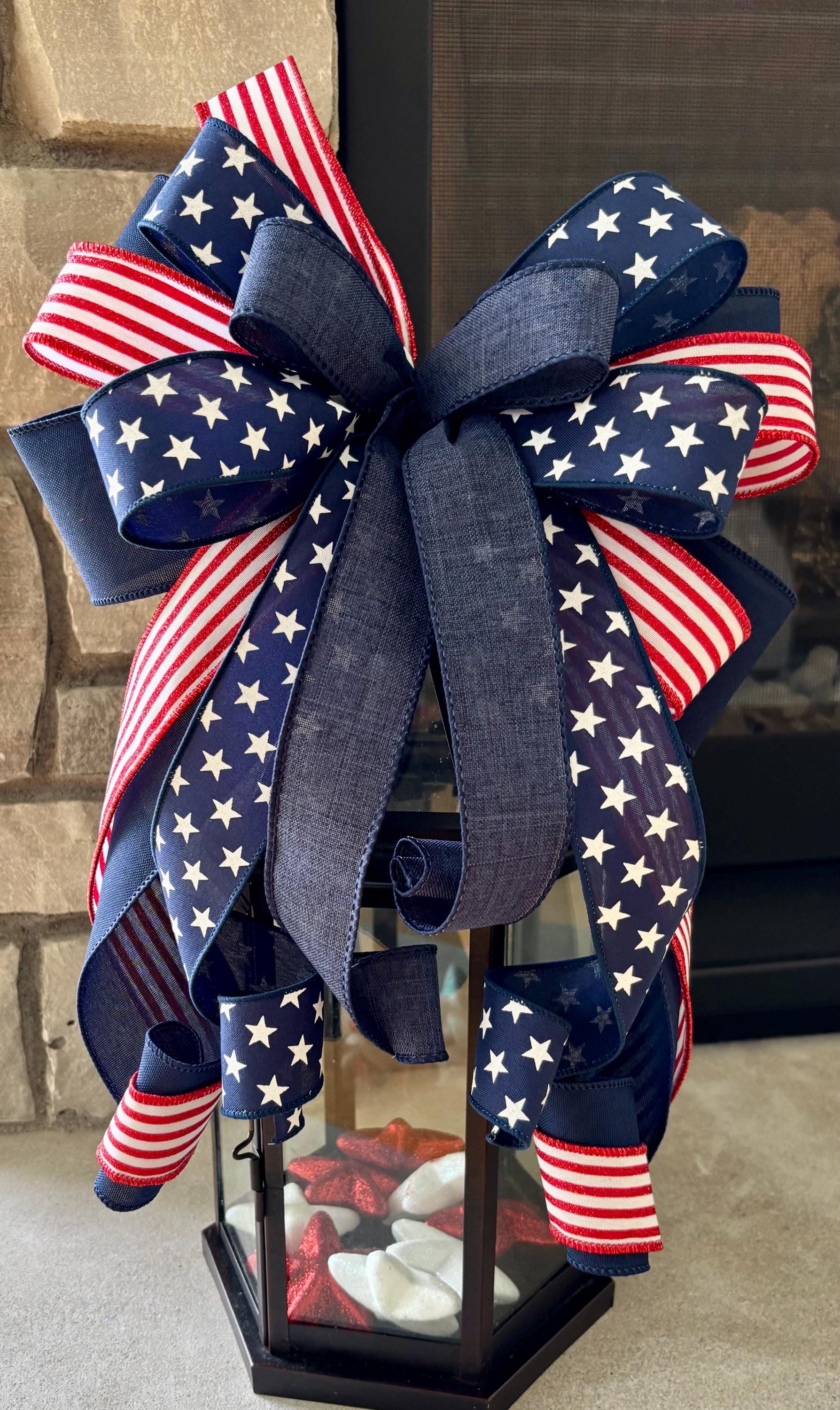 Patriotic bow, Red, White, Navy blue, glitter Stripes, stars, wreath bow, lantern bow, Memorial Day bow, Independence Day, July 4th party