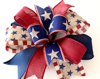 Patriotic bow, Vintage Red, Blue, linen, Stars, Stripes, handmade bow, lantern bow, Independence Day decorations