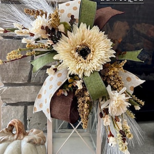 Fall bow, sunflower, mums, autumn leaves, eucalyptus, pampas grass, polka dots, olive linen, lantern bow, wreath attachment, Fall home decor