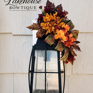 Fall floral swag, lantern topper, mini size, fall leaves, mums, dahlia, hydrangea, diagonal glitter plaid ribbons, autumn swag