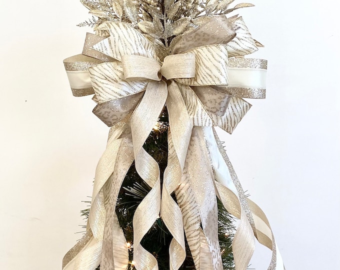 Elegant Tree Topper, Cream, Champagne Beige Cheetah, Soft Gold Glitter