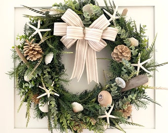 Coastal Wreath, driftwood, seashells, bleached pinecones, sugar starfish, quality greens, eucalyptus, cotton bow, cottage, beach house decor