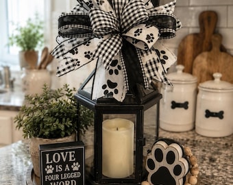 Farmhouse Dog lover bow, paws, bones, black white, gingham, plaid, lantern bow, door hanger bow, home decorations