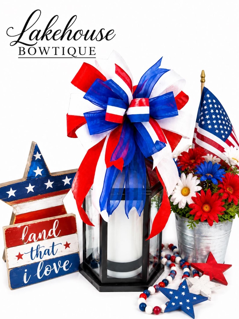 Patriotic bow, Red, White, Blue, Stripes, Memorial Day bow, Independence Day, 4th of July Party bow, Party decorations image 1