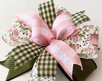 Springtime bow, flower print on linen, olive, black polka dots, plaids, pink, creme, lantern bow, door hanger bow, home decor