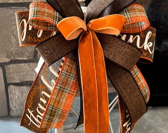 Fall Farmhouse bow, Thankful, plaid, brown linen, pumpkin velvet center, lantern bow, wreath bow, handmade Fall decorations