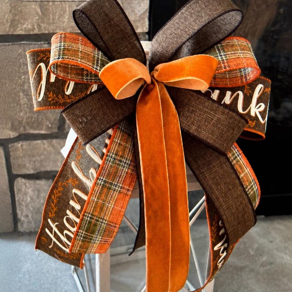 Fall Farmhouse bow, Thankful, plaid, brown linen, pumpkin velvet center, lantern bow, wreath bow, handmade Fall decorations
