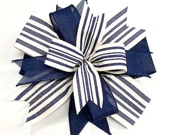 Navy blue striped bow, natural linen, navy blue ticking stripes, handmade bow, lantern decor, door hanger bow
