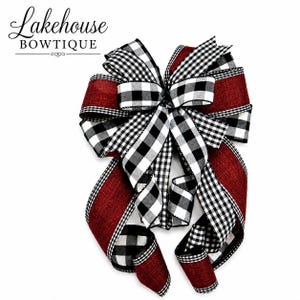 Everyday Farmhouse bow, dark red, black white Buffalo check, gingham, handmade bow, Lantern bow, wreath bow, home decoration